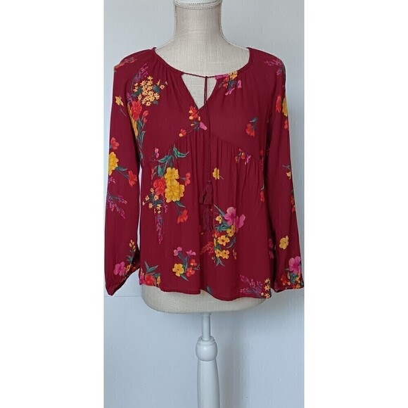 Old Navy Size XS Burgundy Floral Boho Tunic Top Blouse with String Tie - Picture 1 of 7